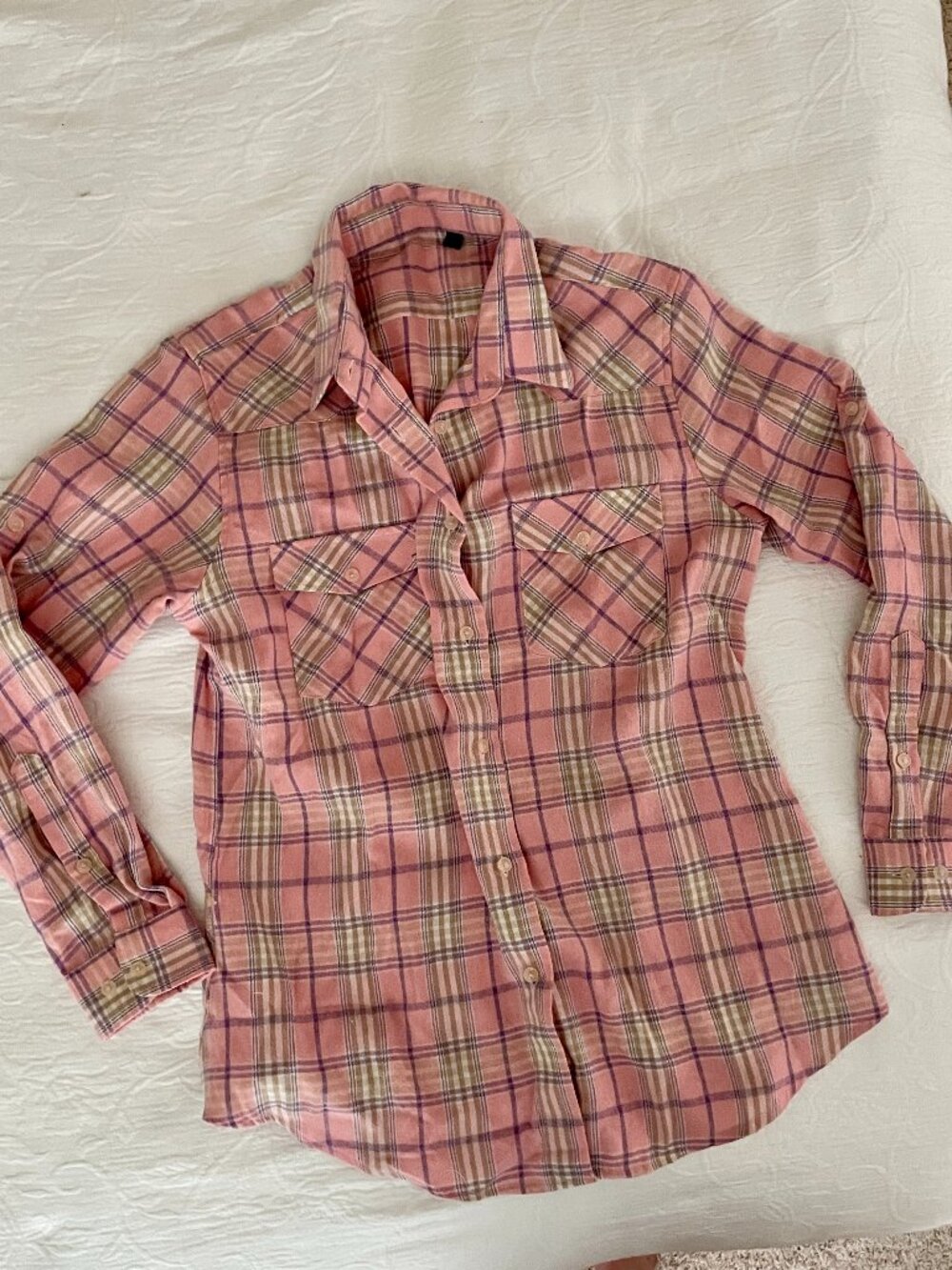 Women's Sz L Pink Plaid Oversized Button-Down Flannel Shirt